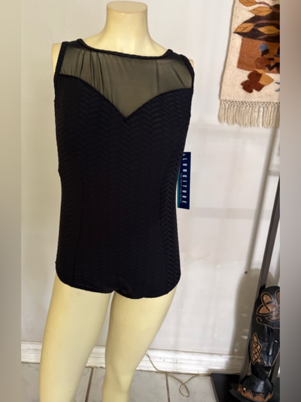 Longitude Women’s Black One-Piece Swimsuit with Sheer Yoke Size 18W